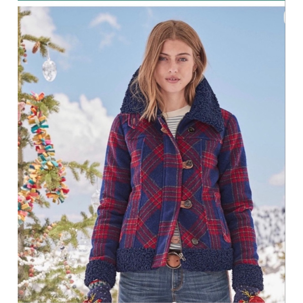 Sundance Plaid Wool Blend Jacket Sherpa Trim Blue Red Button Front Women S